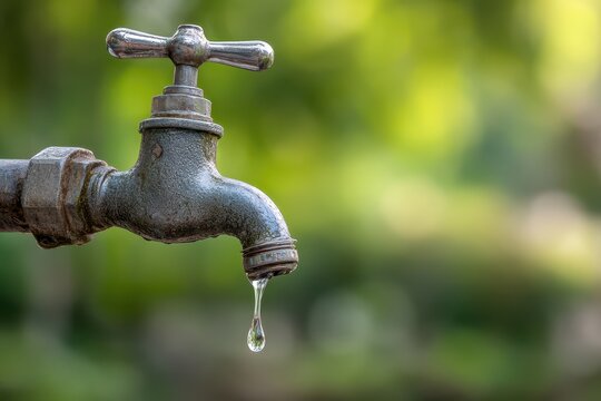 Outdoor faucet dripping water against a natural backdrop - Powered by Adobe