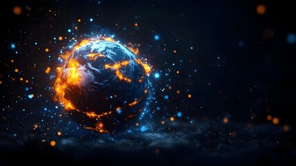 Obraz premium Fiery planet explodes, cosmic dust, dark space, energy concept