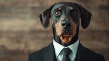 A well-groomed Doberman dressed in a formal suit, exuding charm and sophistication, making for an amusing yet striking portrait that captures attention instantly.