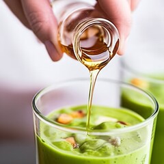 Hand pouring honey or maple syrup natural sweetener smoothie