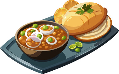 Chole bhature with onion rings and pickle, isolated on white background