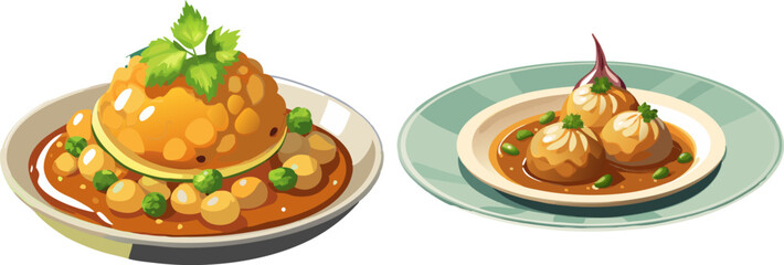 plate of ragda pattice with onion garnish, white background