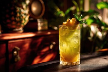 Tropical Brazilian non alcoholic drink featuring pineapple green apple and orange soda in a clear glass set on a black table in a retro music themed room