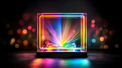 Rainbow cube light show, dark studio, bokeh background, product display