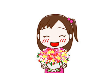 （上半身正面）お祝いの花束を笑顔で渡そうとする少女