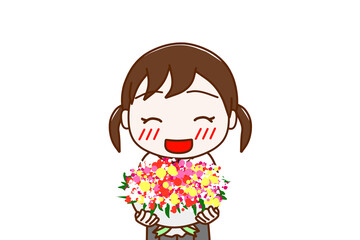 （上半身正面）お祝いの花束を笑顔で渡そうとする女子学生