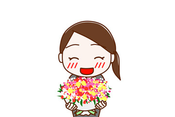 （上半身正面）お祝いの花束を笑顔で渡そうとするスーツ姿の女性