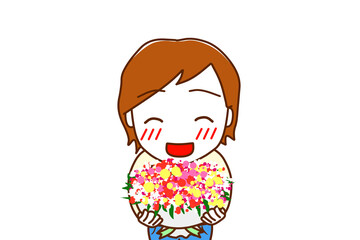 （上半身正面）お祝いの花束を笑顔で渡そうとする白人男性