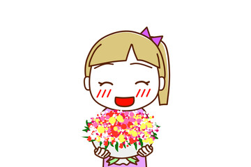 （上半身正面）お祝いの花束を笑顔で渡そうとする白人少女