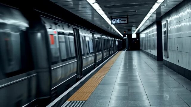 Subway train arriving at a deserted station in a modern underground tunnel