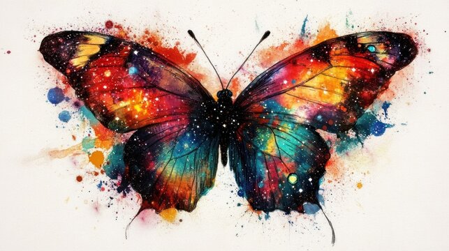 Colorful butterfly with galaxy-like wings on a splattered background