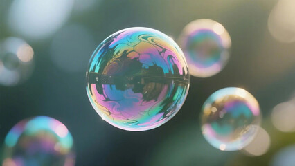 Realistic Chromatic Soap Bubbles with Iridescent Swirls, Macro Photography