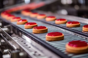 Contemporary bakery cookie line featuring red jam Industrial biscuit manufacturing on conveyor