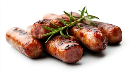 Succulent grilled sausages are garnished with fresh rosemary, showcasing the rich colors and textures that highlight the mouthwatering appeal of outdoor grilling delights.