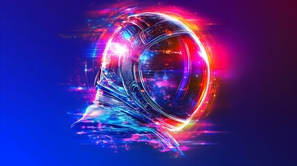 Astronaut helmet, vibrant cosmic backdrop, digital art, space exploration