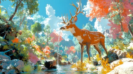Fototapeta premium Deer drinks stream, vibrant forest, mountain background, fantasy art
