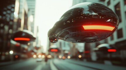 A depiction of advanced hover cars gliding effortlessly through a modern urban landscape, showcasing futuristic technology and urban life intertwined.