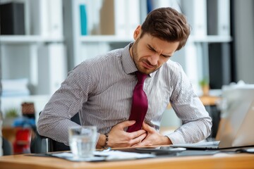 Fototapeta premium Sick at the office a young man clutches his stomach in pain