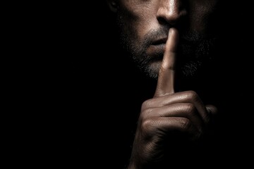 Fototapeta premium Sinister figure signaling for silence alone against a dark backdrop