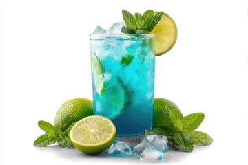 Single vibrant blue curacao cocktail with mint and lime