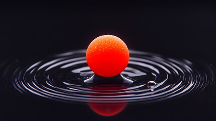 Red sphere impacting dark water, concentric ripples, studio shot, abstract background