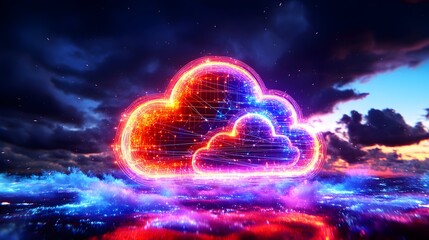 Obraz premium Glowing cloud network over cityscape at night