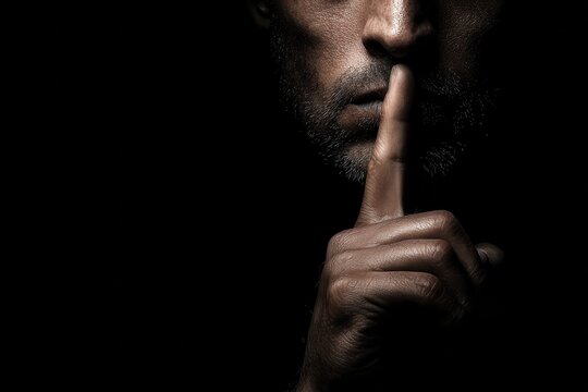 Sinister figure signaling for silence alone against a dark backdrop