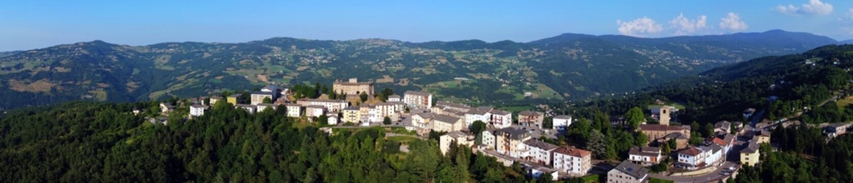 Aerial view of Montefiorino village. Montefiorino, Modena, Italy