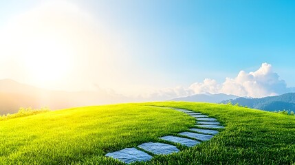 Sunrise stone path on grassy hill, mountain backdrop, hope