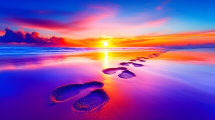 Sunset beach footprints, vibrant sky, ocean reflection, travel poster