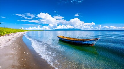 Tropical beach boat calm ocean island landscape travel