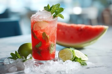 Fresh red watermelon mojito on a white table featuring lemon lime mint and ice with a half watermelon and scattered mint and ice in the background
