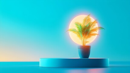 Tropical plant, blue studio, sunset backdrop, product display