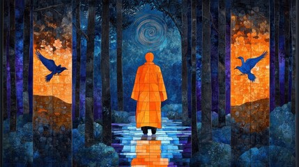 Monk in a forest path, mosaic art, tranquil scene