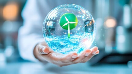 Woman holds green energy globe, lab background, innovation concept