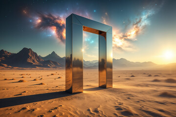 Mysterious monolith portal on an alien desert planet under a cosmic sky. AI generated