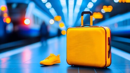 Yellow suitcase, shoe, train station, travel