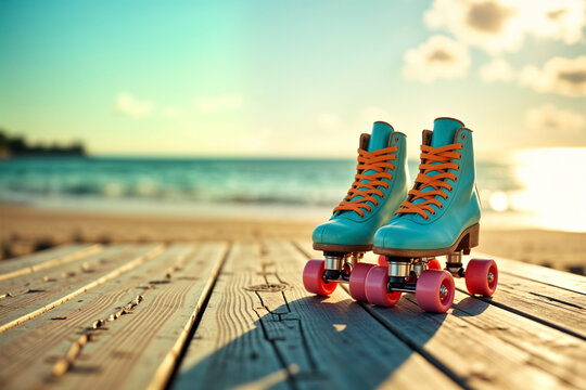 Colorful retro roller skates on a beach boardwalk at golden hour sunset. AI generated