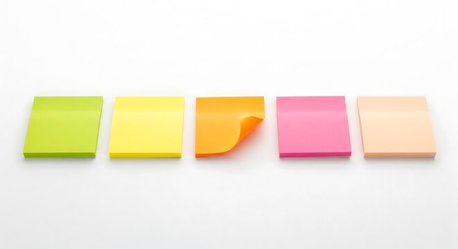 A row of five colorful sticky notes (green, yellow, orange, pink, peach) aligned against a white background. The orange note has a curled corner.