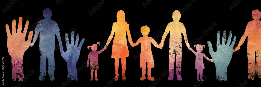 Poster diverse family unity represented through colorful hand silhouettes in a vibrant display of togethern