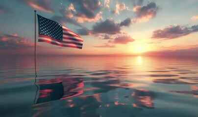 United states flag waving over calm water at sunset, celebrating independence day and american patriotism - Powered by Adobe