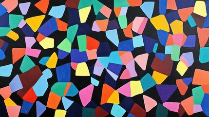 Abstract painting with colorful, irregular shapes on a black background