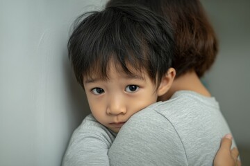 Obraz premium The frightened boy clung to his mother symbolizing domestic family violence