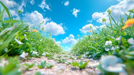Sunny path, wildflowers, meadow, sky, spring, nature, hope, peace, travel, background