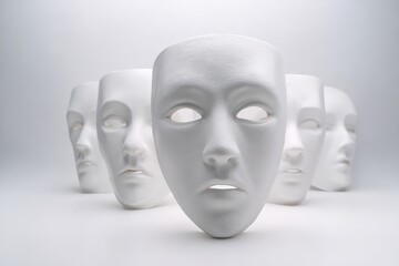 Theater idea featuring white plastic masks on a white background