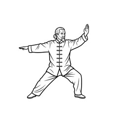 Older man practicing Qigong in a balanced stance for energy cultivation and wellness