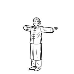Obraz premium Older woman practicing Qigong with arms extended for energy flow and relaxation 