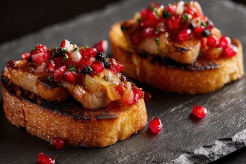 Toasts topped with foie gras caramelized onions and peppercorns on a slate