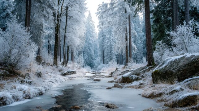 Serene winter landscape with a partly frozen stream flowing through a forest - Powered by Adobe