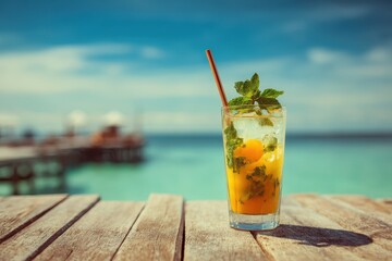 Tropical luxury retreat classic cocktail on a wooden dock Vertical toned